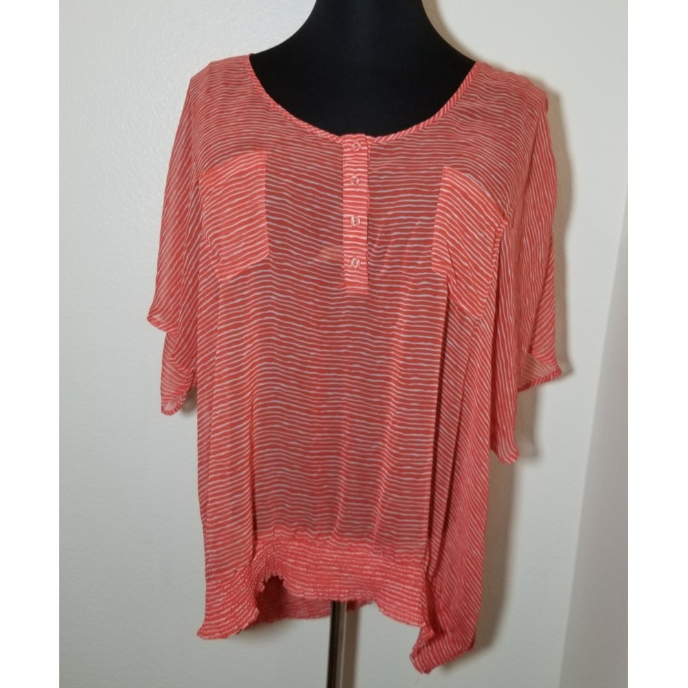 Torrid Plus Sz 3 Orange Semi Sheer Stripe Short Sleeve Blouse Retro Coastal Boho